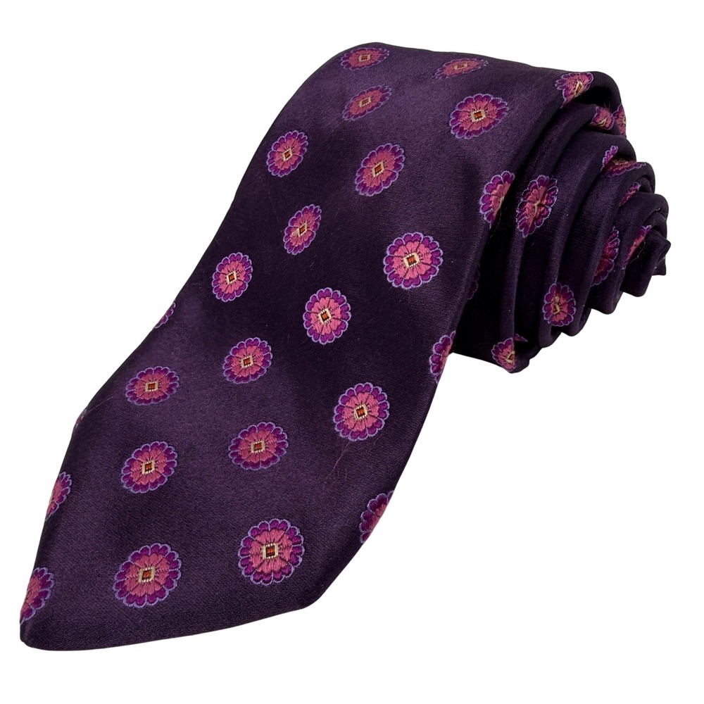 Ike Behar Silk Tie Mens OS Purple Pink Floral Medallion Hand Tailored USA Luxury